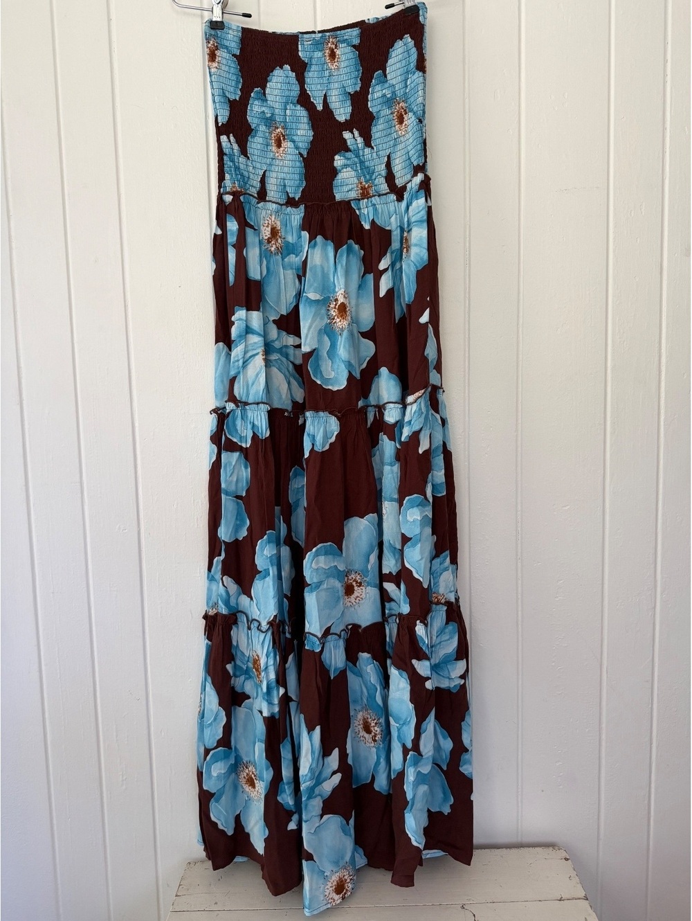 Brown Maxi Convertible Dress with Blue Floral Print, Smocked top, Strapless